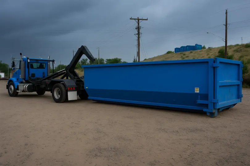 A dump truck with a green dumpster attached to it is parked in a parking lot.