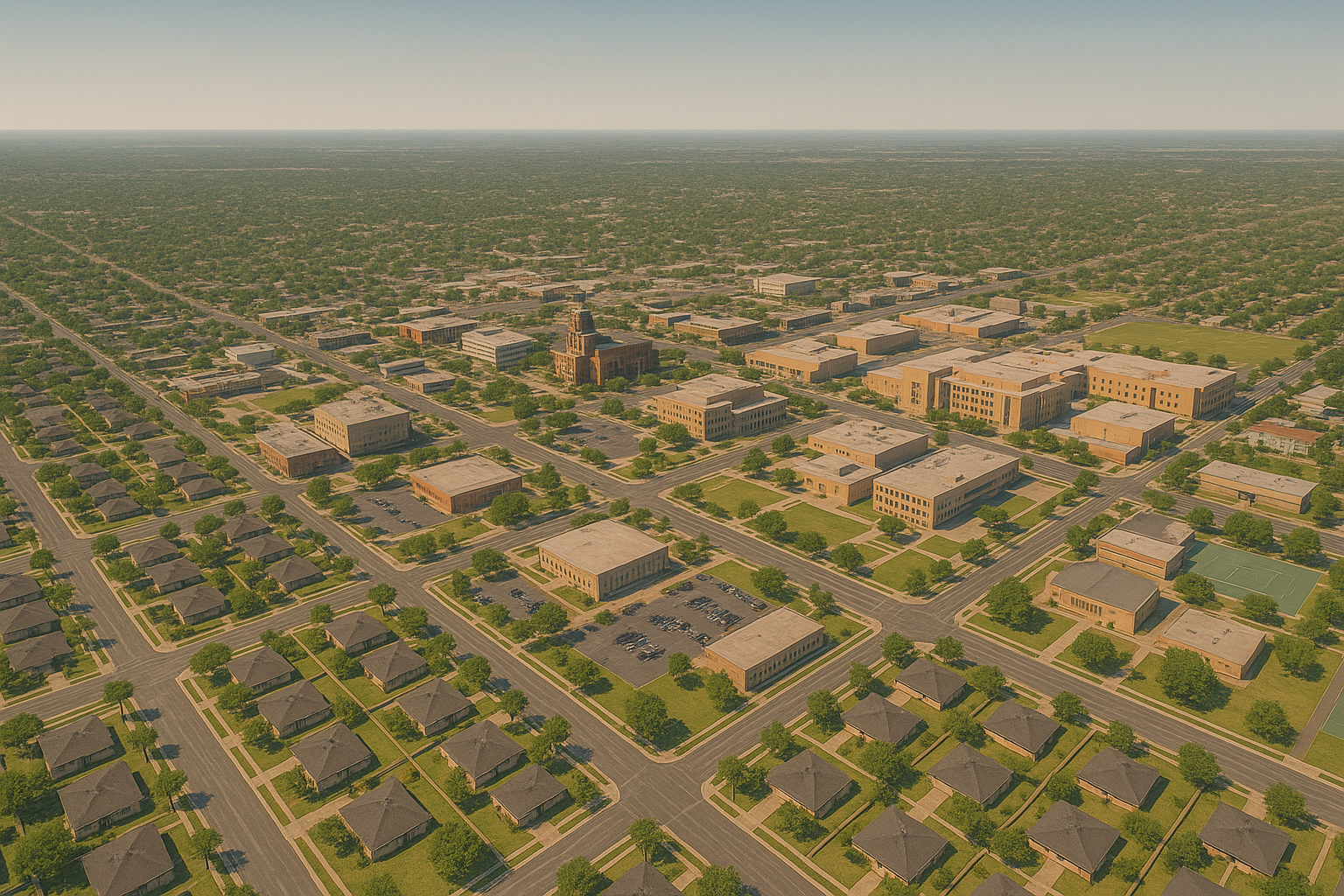 An aerial view of a residential area with a lake in the background.