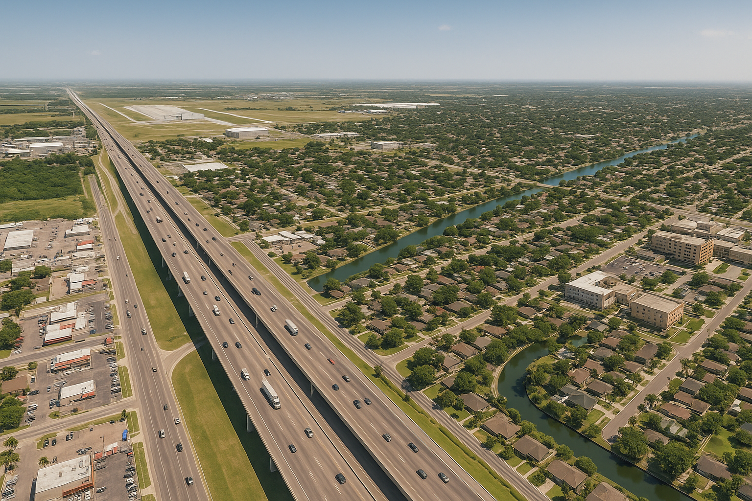 An aerial view of a residential area with lots of houses and trees.