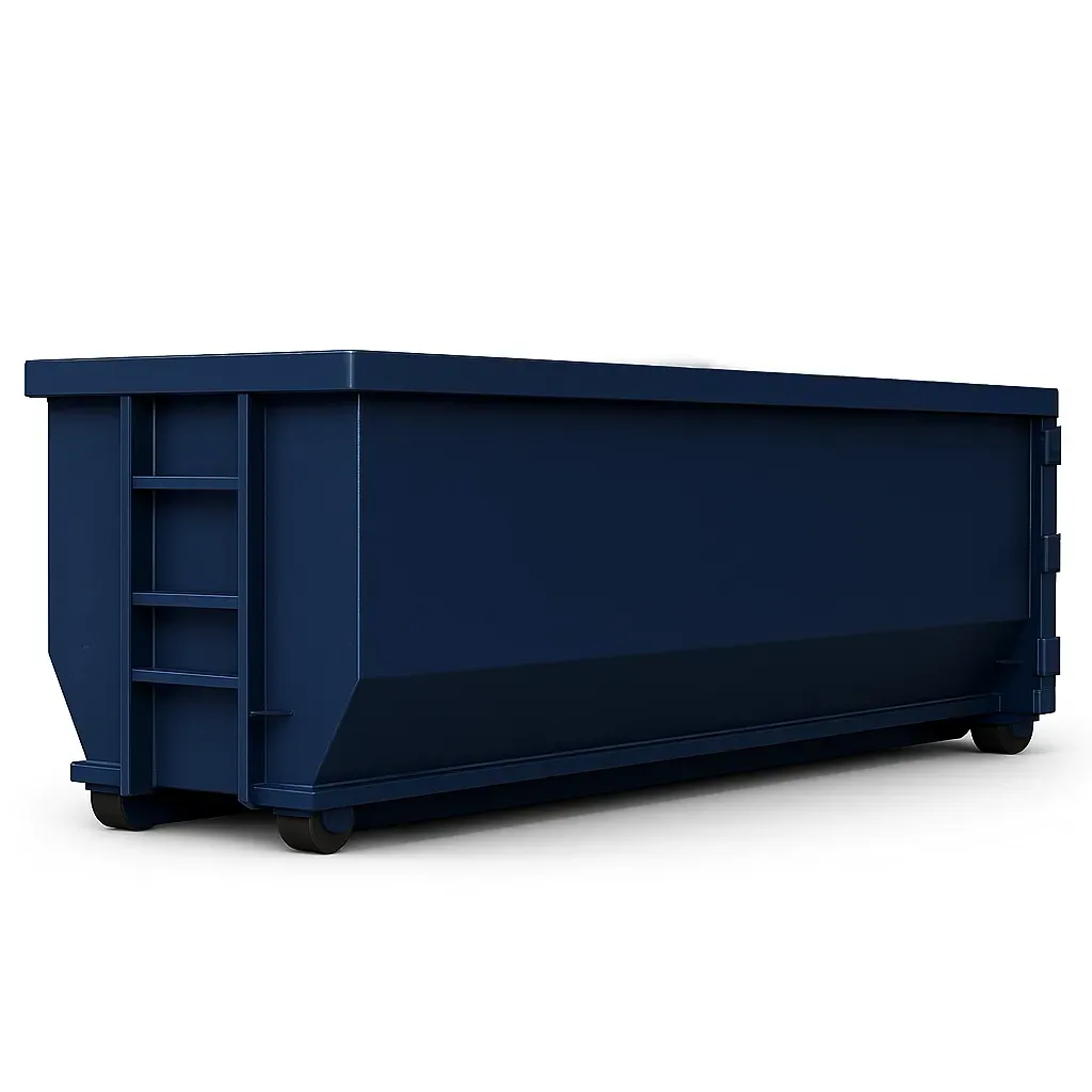 A green dumpster with a yellow trim sits in the snow