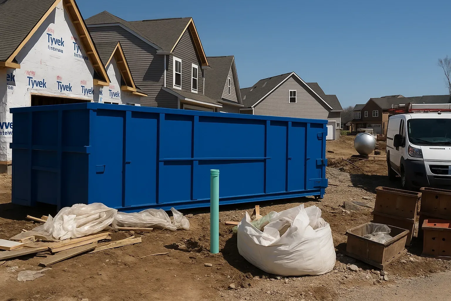 A dumpster is parked in the snow in front of a house.