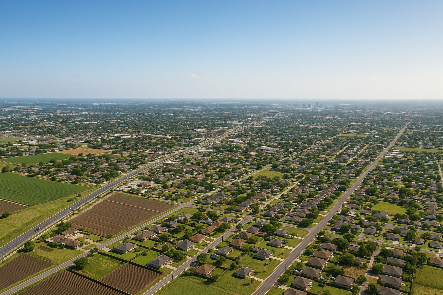 An aerial view of a residential area surrounded by trees and a lake.
