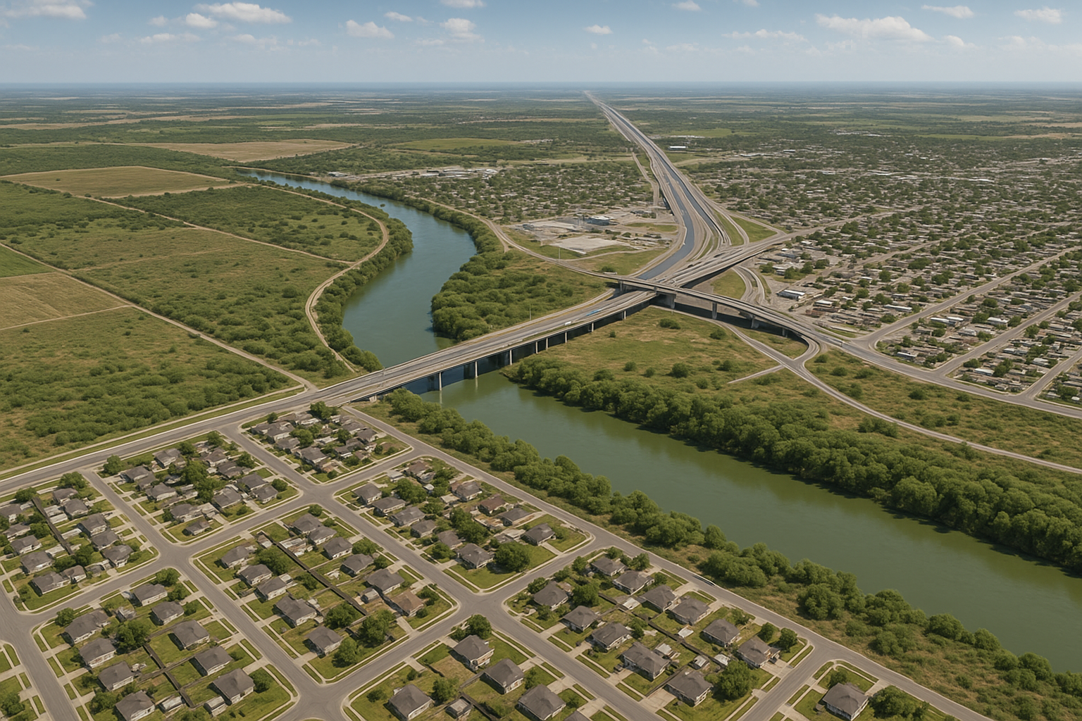 An aerial view of a small town with a lake in the background.