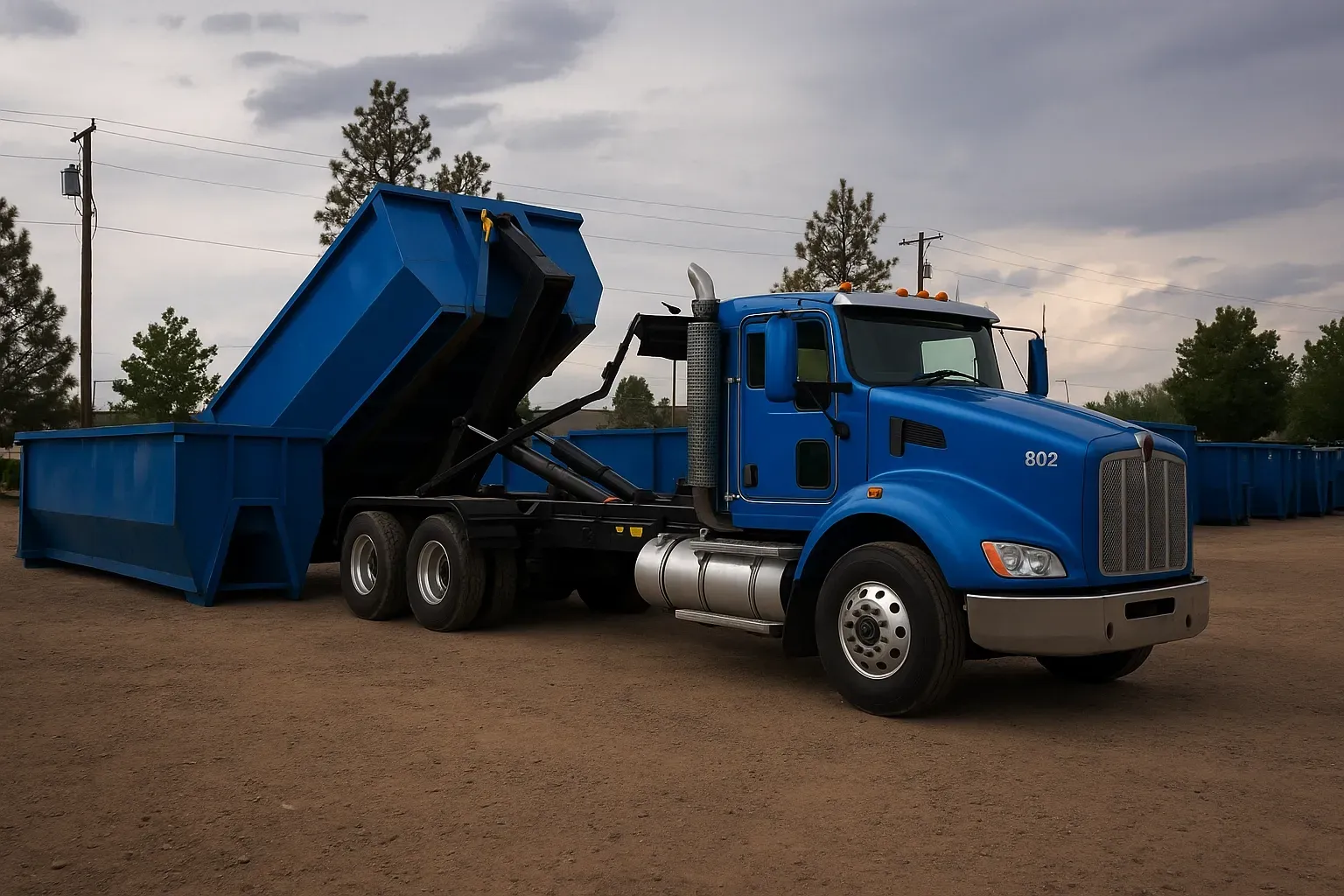 A dump truck with a green dumpster attached to it is parked in a parking lot.