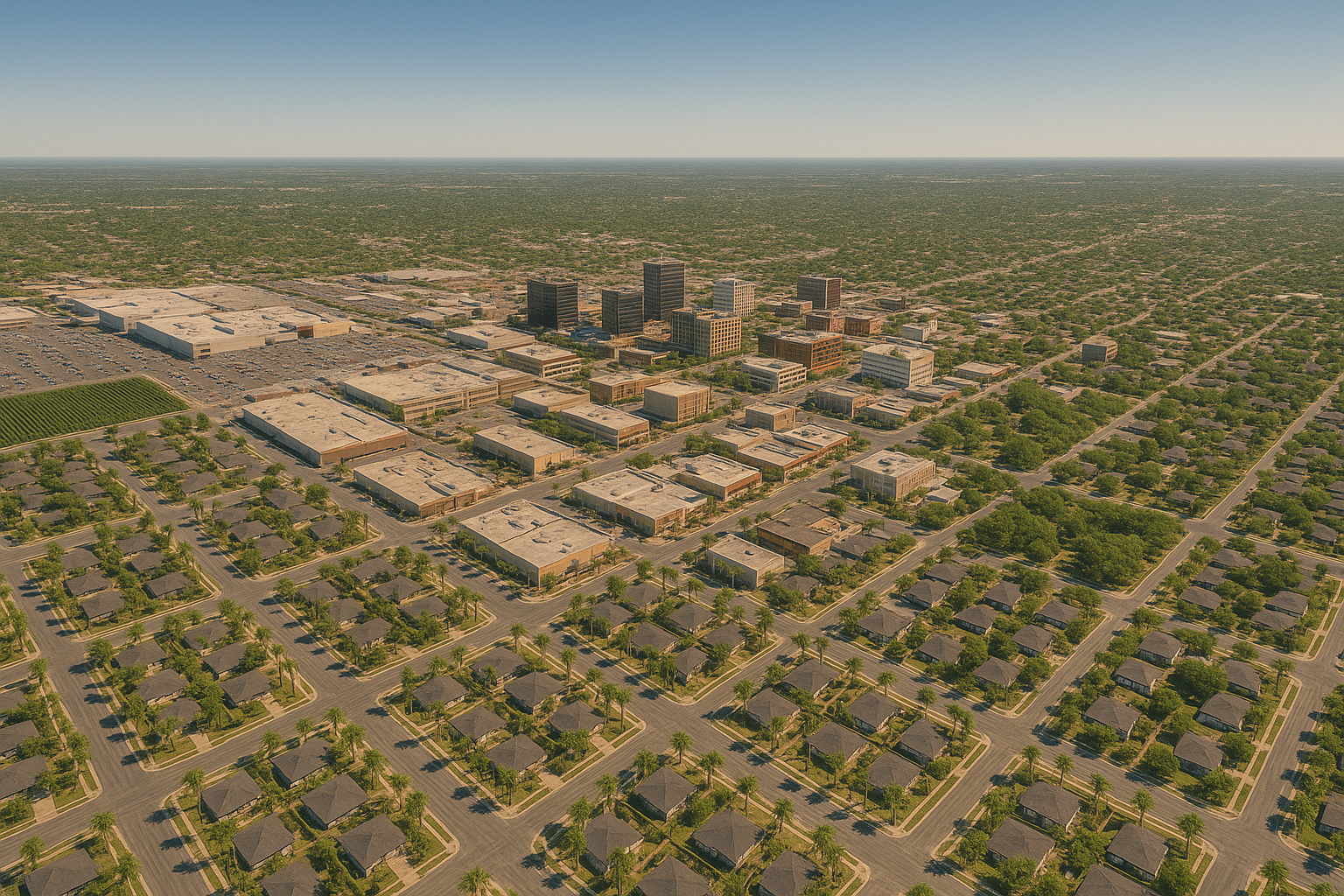 An aerial view of a residential area with lots of houses and trees.
