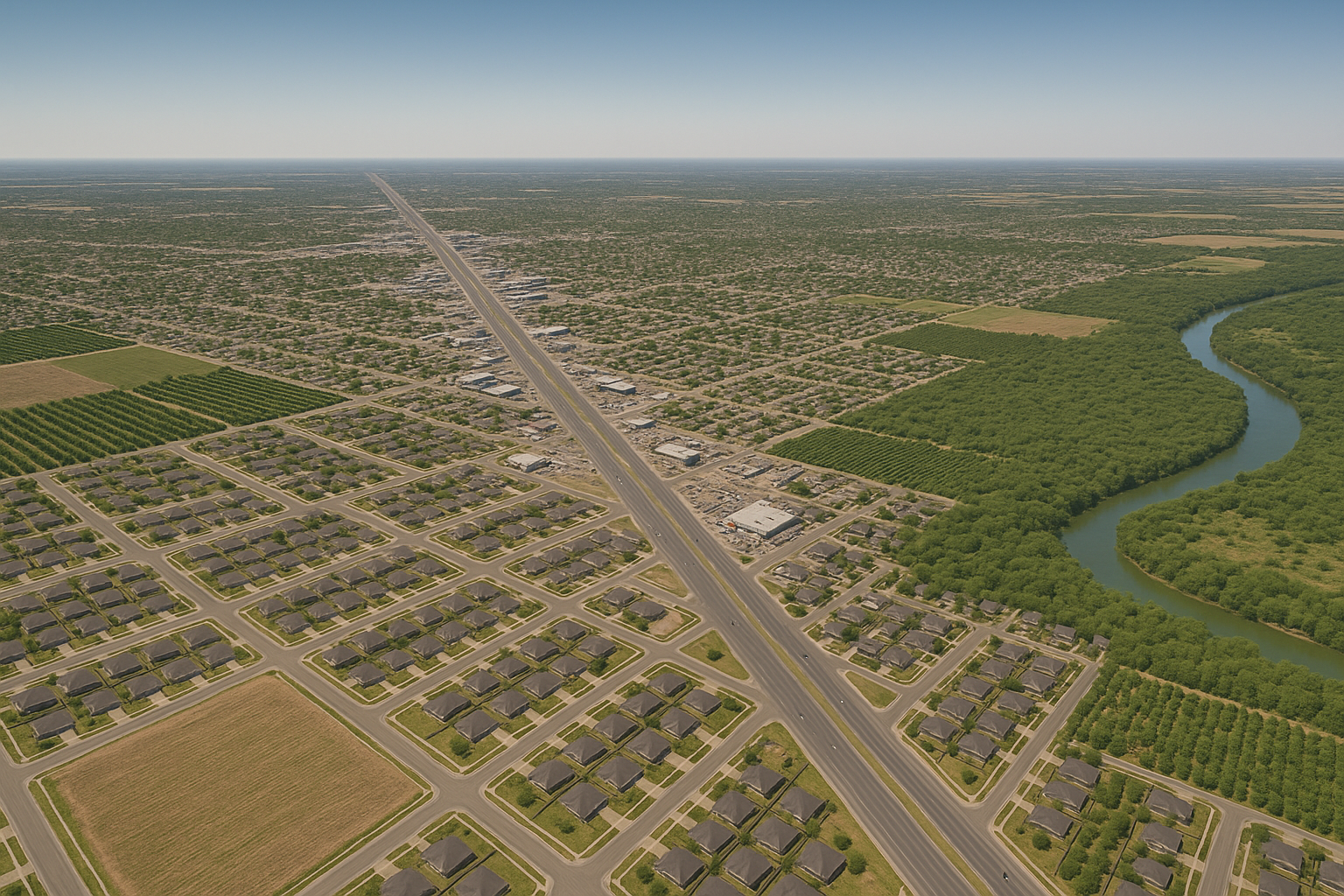 An aerial view of a small town with a lake in the background.