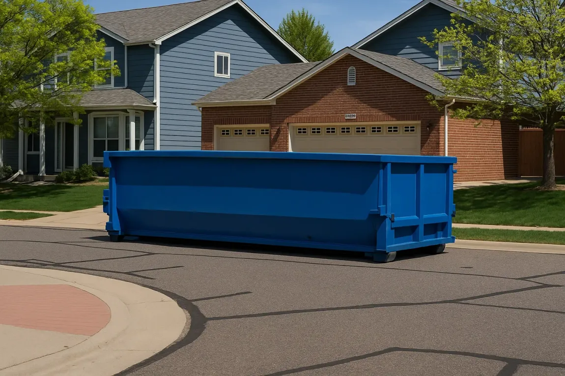 A green dumpster with a yellow lid is sitting on top of a gravel road.