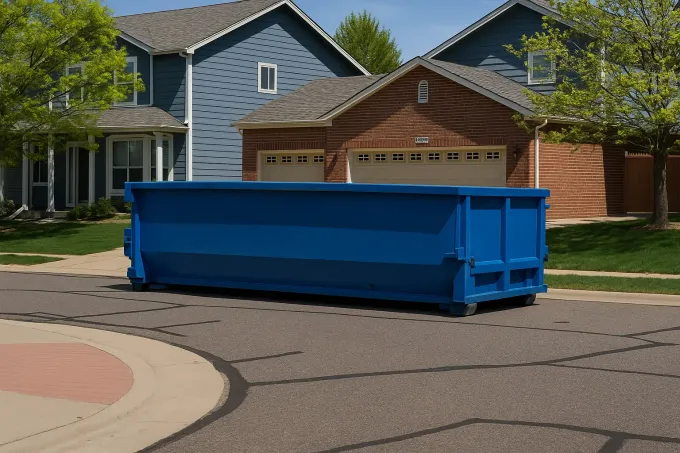 A dumpster is parked in front of a blue house covered in snow.