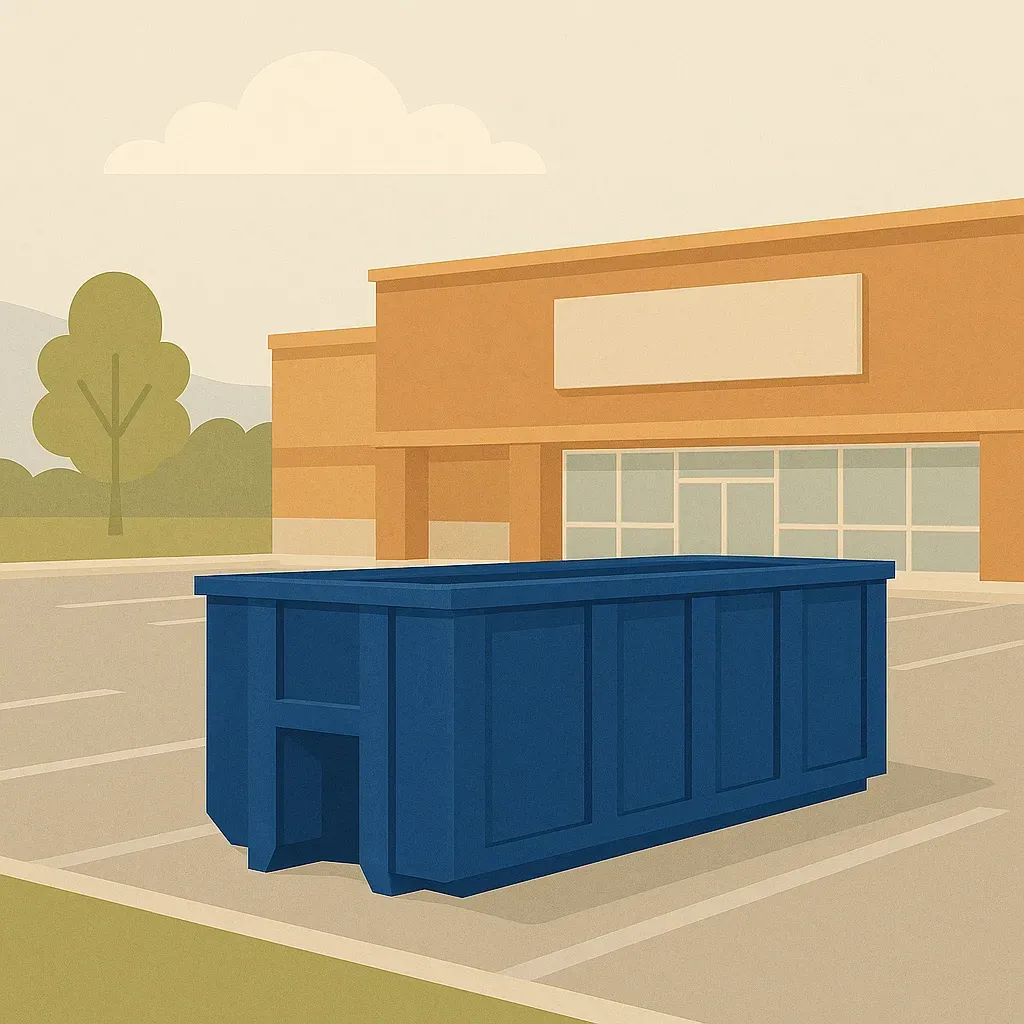 A green dumpster is parked in front of a store.