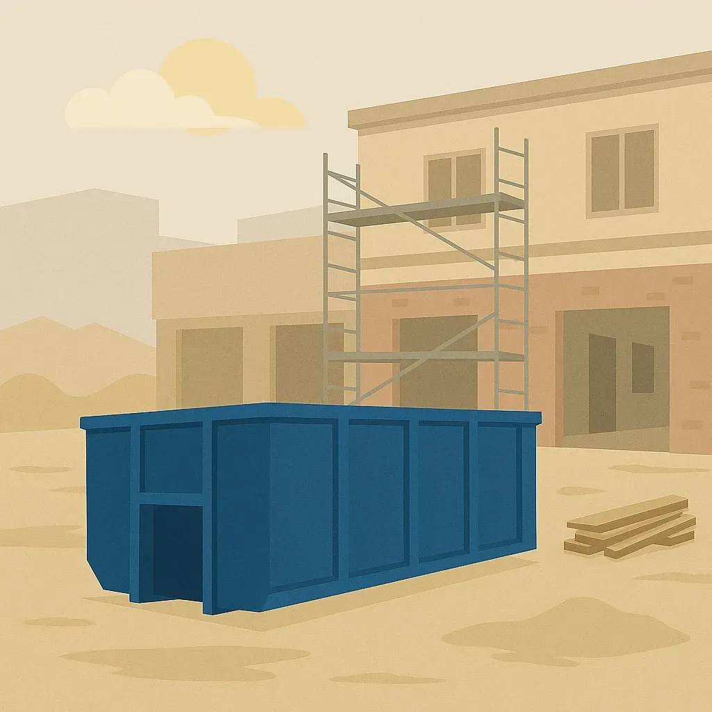 A green dumpster is sitting in front of a house under construction.