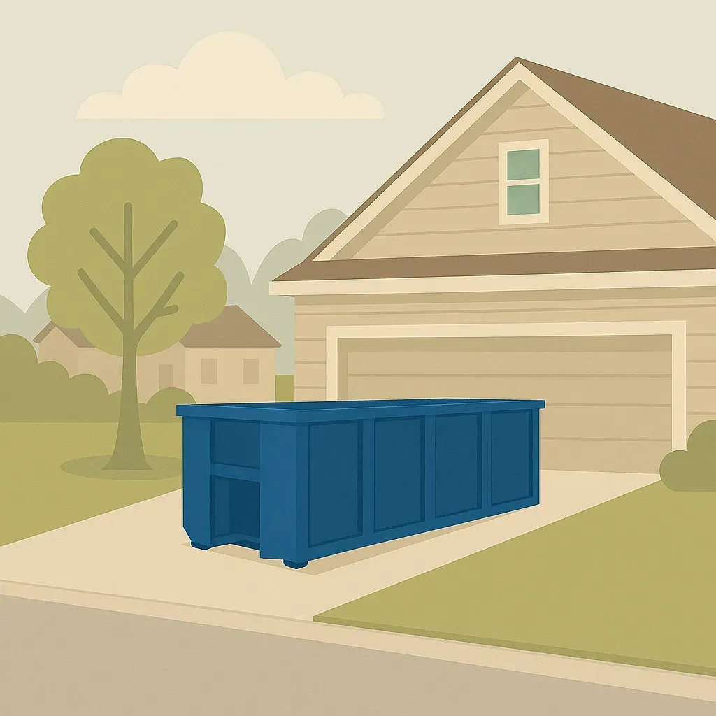 A green dumpster is parked in front of a house.