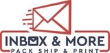 Logo for "Inbox & More: Pack, Ship & Print" featuring a red stylized envelope icon and navy blue text.
