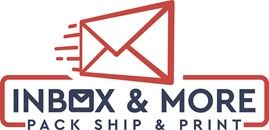 Logo for "Inbox & More: Pack, Ship & Print" featuring a red stylized envelope icon and navy blue text.