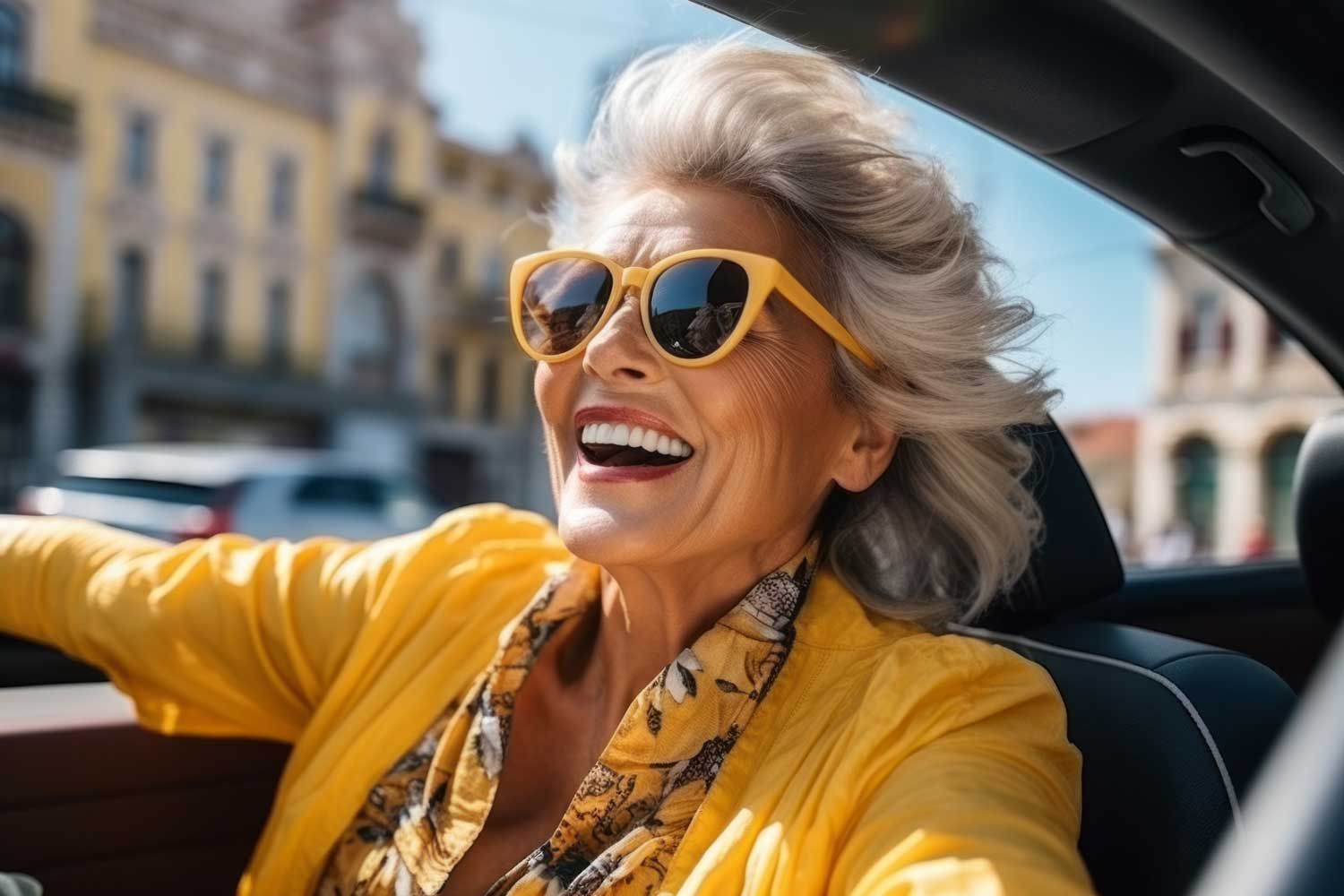 an senior executive woman wearing sunglasses and a yellow jacket is driving a car 