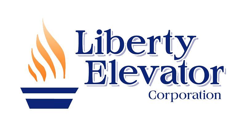The logo for liberty elevator corporation shows a boat with flames coming out of it.