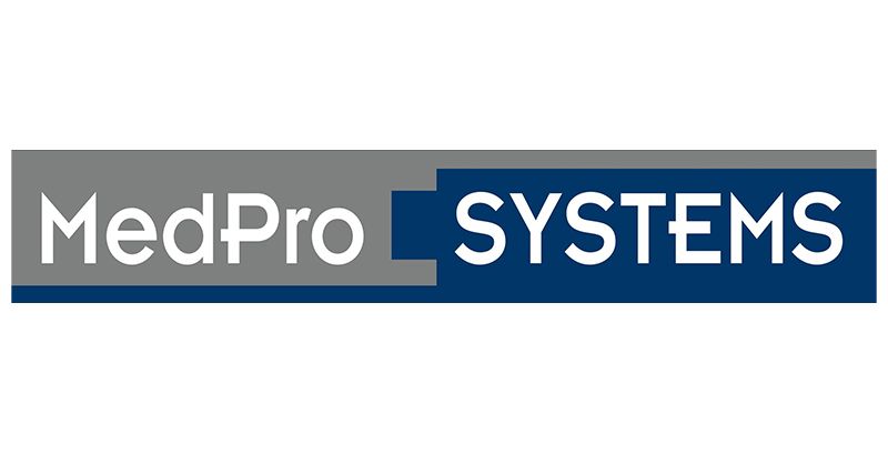 The logo for medpro systems is blue and gray.