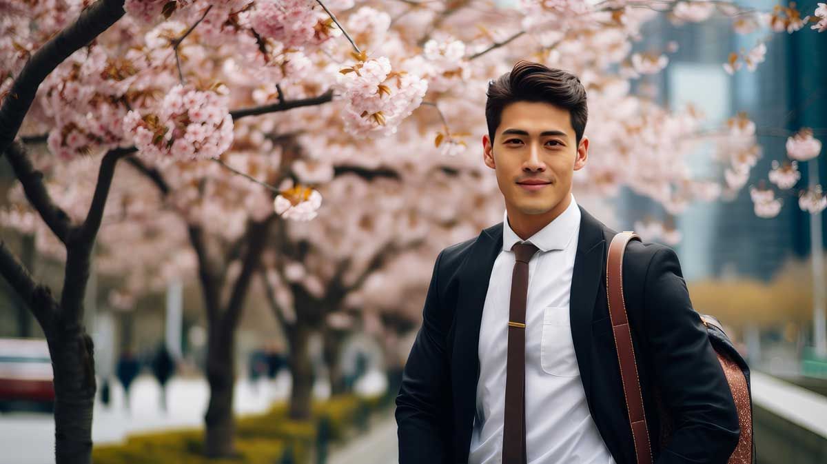 a man in a suit and tie is standing in front of a cherry blossom tree ready for spring job search
