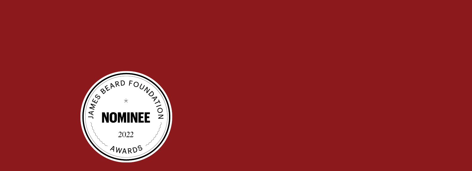 A red background with a white circle that says nominee