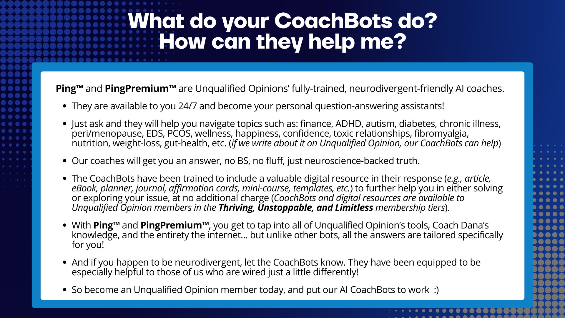 explanation of the AI CoachBots offered by the website.