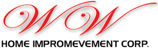 the logo for wow home improvement corp. is red and black