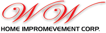 the logo for wow home improvement corp. is red and black