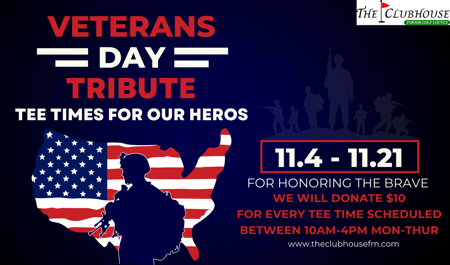 Donations to the veterans honor flight 11/4-11/21 2024 in honor of our heros for veterans day. Golf tee times 10a-4p