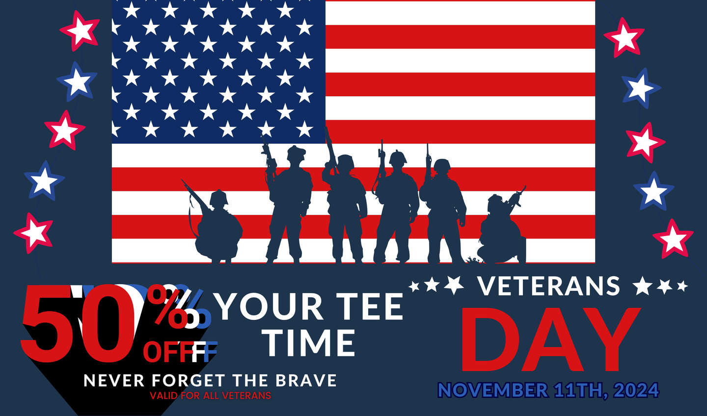 Veterans day promo 50% off tee times november 11th 2024. 