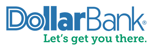 The dollar bank logo is blue and green and says `` let 's get you there ''.