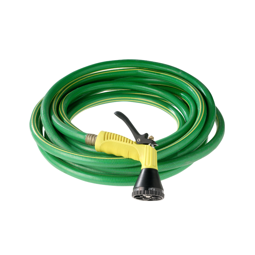 A green hose with a yellow sprayer attached to it