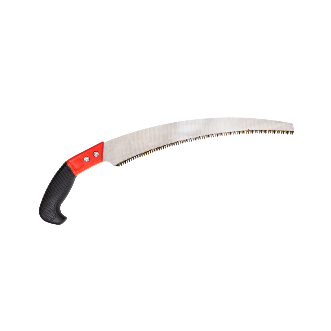 A saw with a red handle on a white background