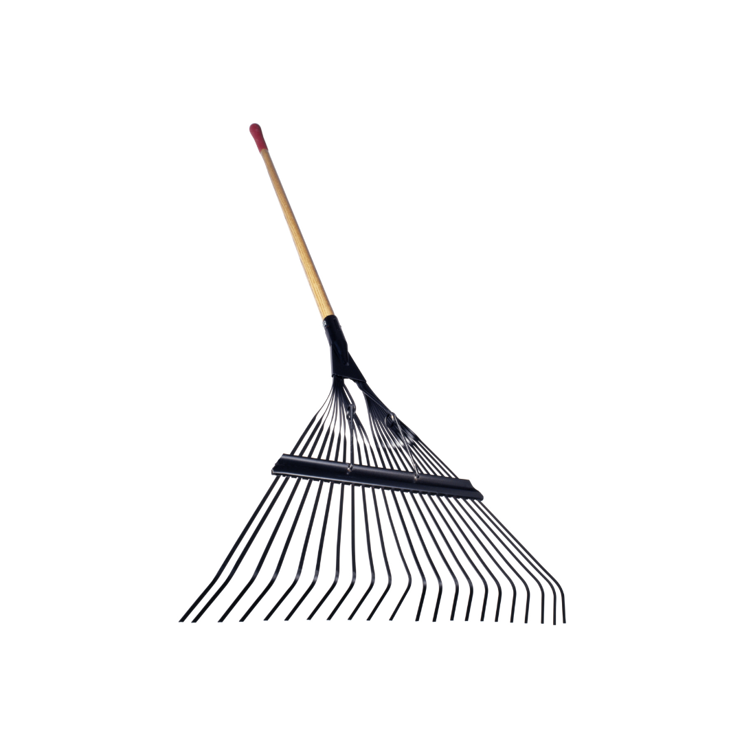 A metal rake with a wooden handle on a white background.