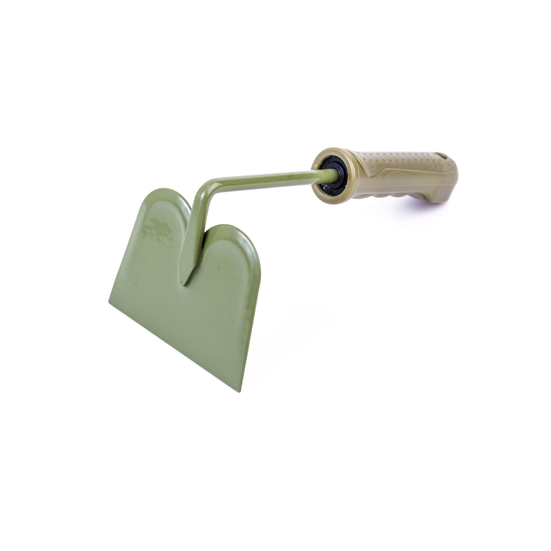 A green hoe with a wooden handle on a white background