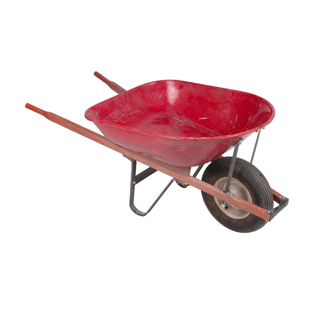 A red wheelbarrow with wooden handles on a white background