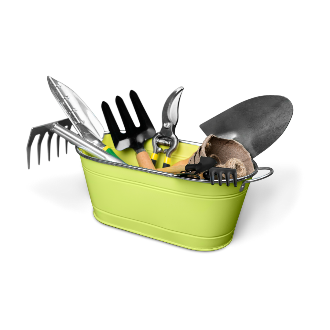 A yellow tub filled with gardening tools on a white background.