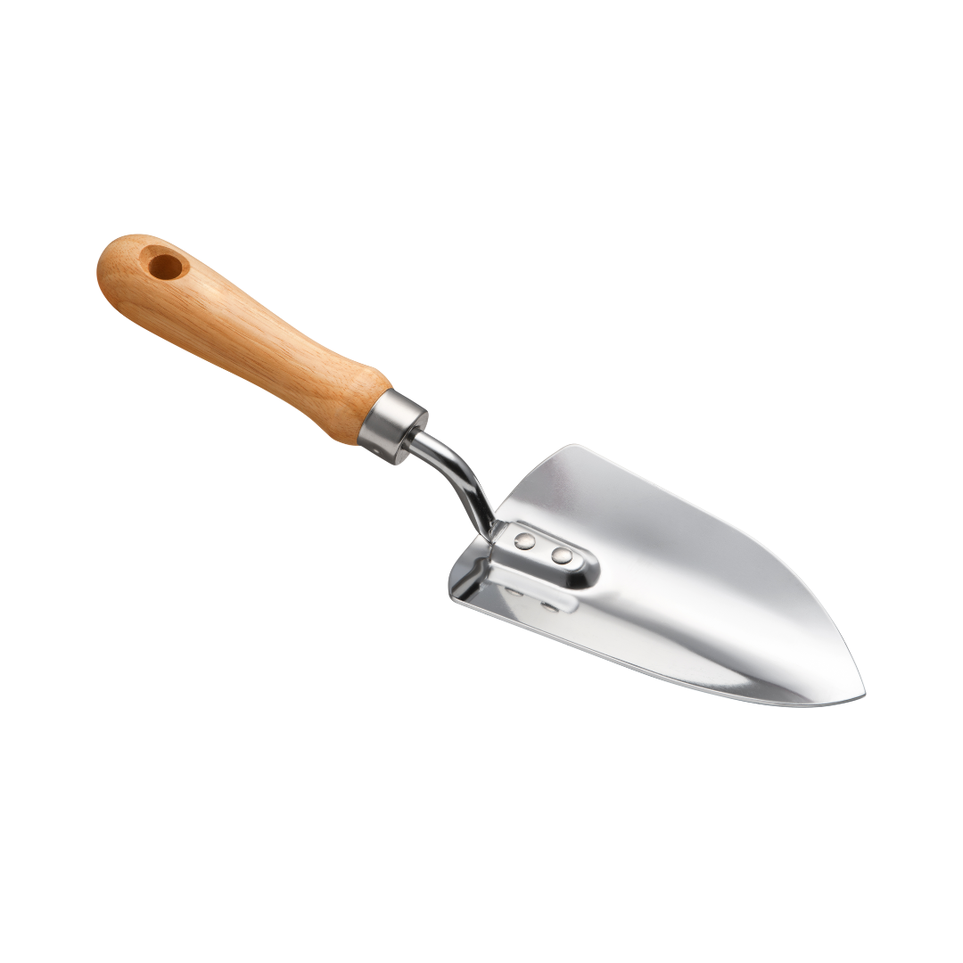 A stainless steel trowel with a wooden handle on a white background.