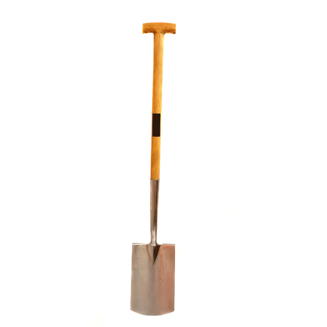 A shovel with a wooden handle on a white background