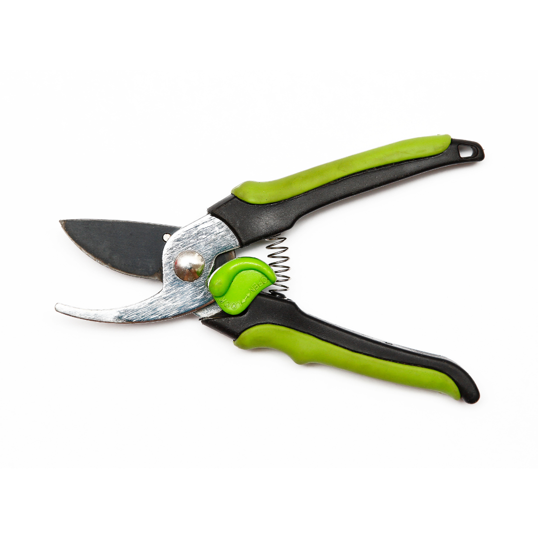 A pair of garden scissors with green handles on a white background.