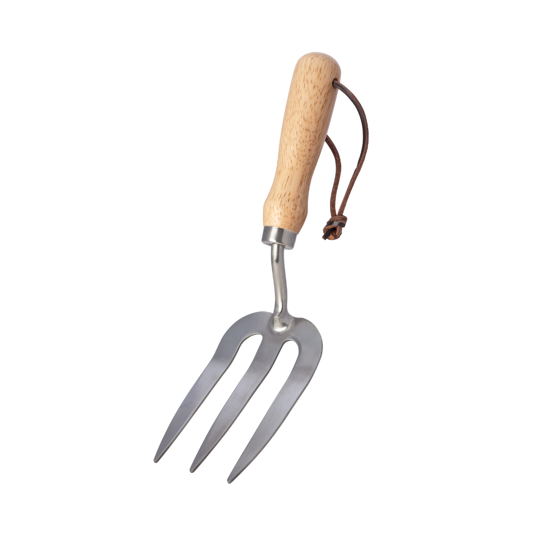 A garden fork with a wooden handle on a white background