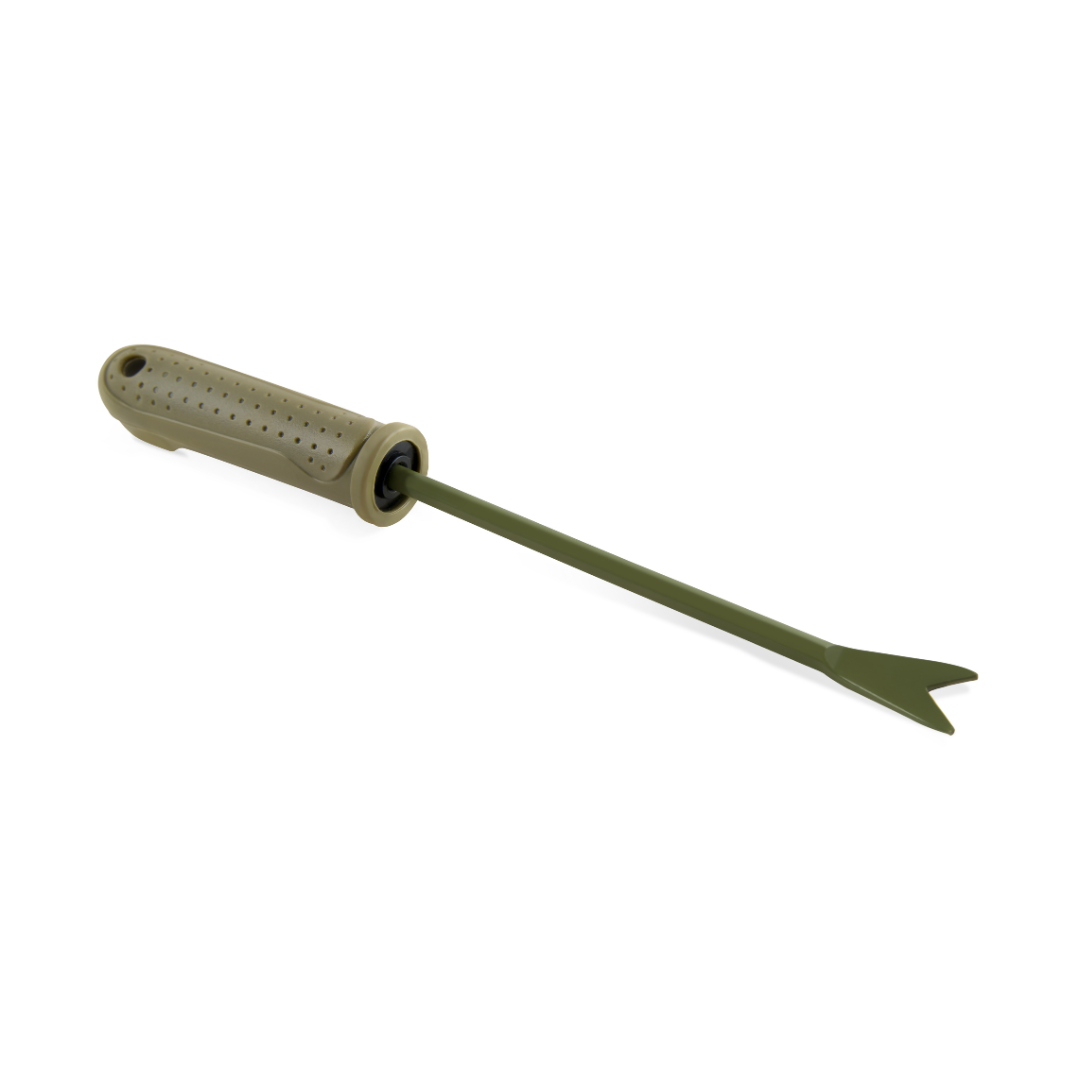 A green tool with a handle on a white background.