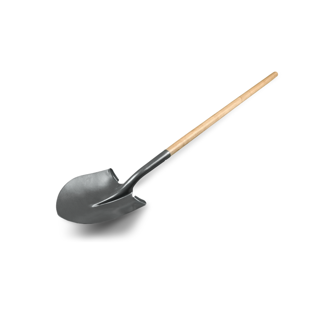 A shovel with a wooden handle on a white background.