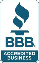BBB Accredited Business logo with blue flame and text on white background