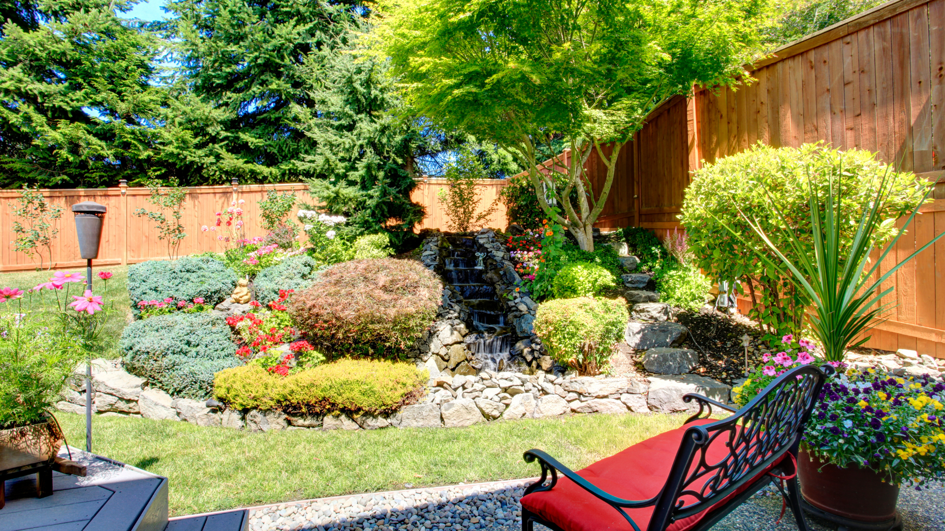 Landscaping and hardscaping in a backyard