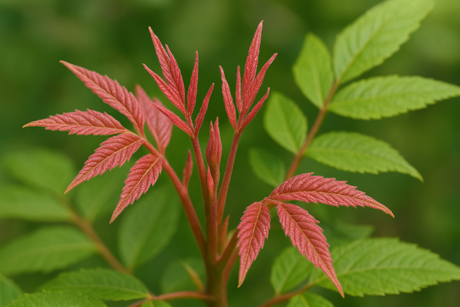 Young red leaves emerge from a plant branch with older green leaves, set against a blurred green backdrop.