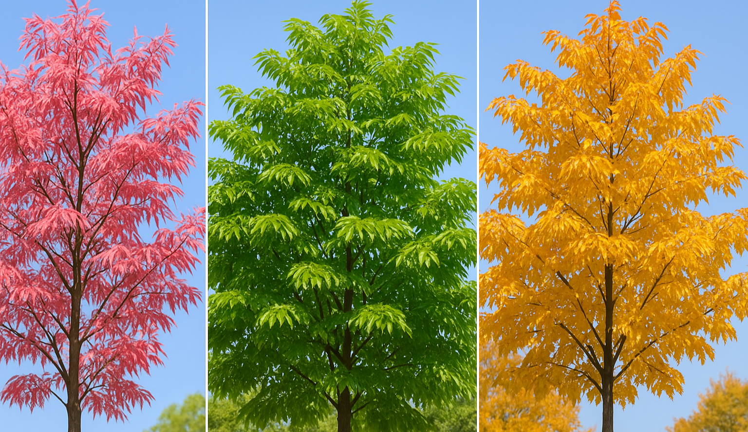Three trees with changing seasonal leaves: pink, green, and yellow against a blue sky.