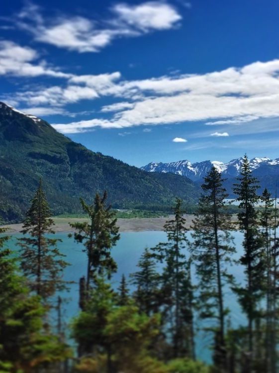 A lake with mountains in the background and trees in the foreground