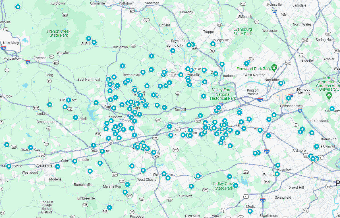 A map of a city with a lot of blue dots on it.