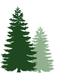 Two green pine trees are silhouetted against a white background.