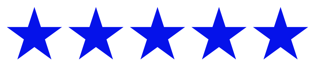 Five blue stars are lined up in a row on a white background.