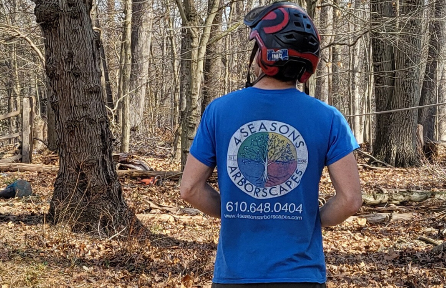 A man wearing a helmet and a blue shirt is standing in the woods.