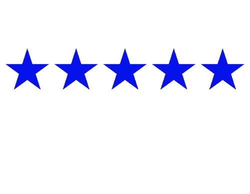 Five blue stars are lined up in a row on a white background.